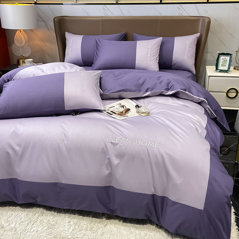 European and American Letters Embroidered Cotton Satin Four Piece Bedding Set Luxury Soft Duvet Cover Bed Sheet Set