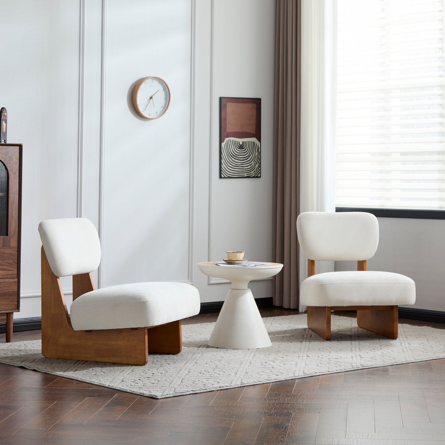 Set of 2 Modern Beige Lounge Chairs with Polyester Upholstery Sturdy Wood Base Minimalist Accent Seating for Living Room Bedroom Office