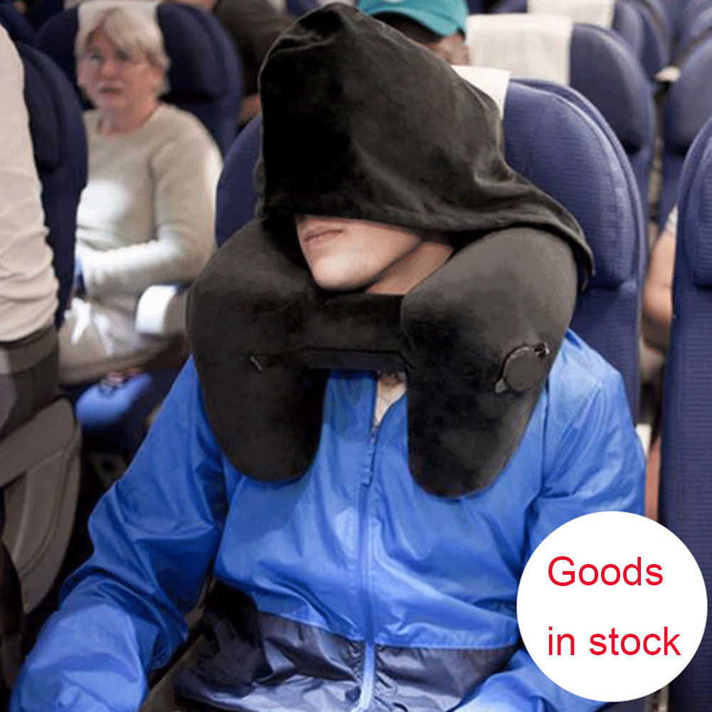Hooded Travel Pillow Inflatable H Shape Neck Pillow Lightweight Folding Nap Cushion for Car Office Airplane Sleeping