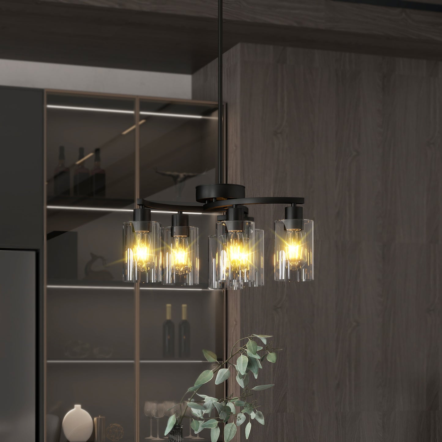 6-Light Modern Farmhouse Black Chandelier – Industrial Glass Pendant Light for Kitchen & Dining Room