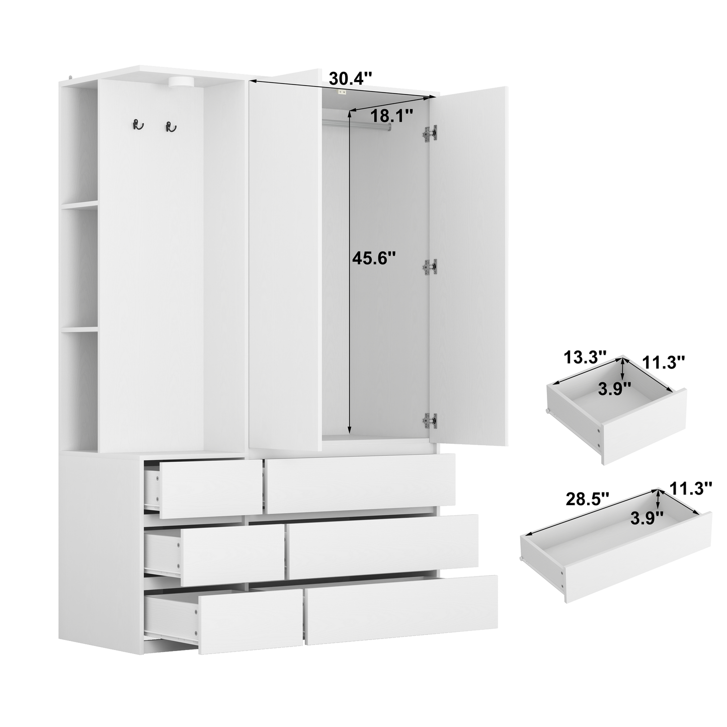 Modern White Wooden Wardrobe Closet 71.7” Bedroom Storage Cabinet 2 Doors 6 Drawers With Shelves & Hanging Rail