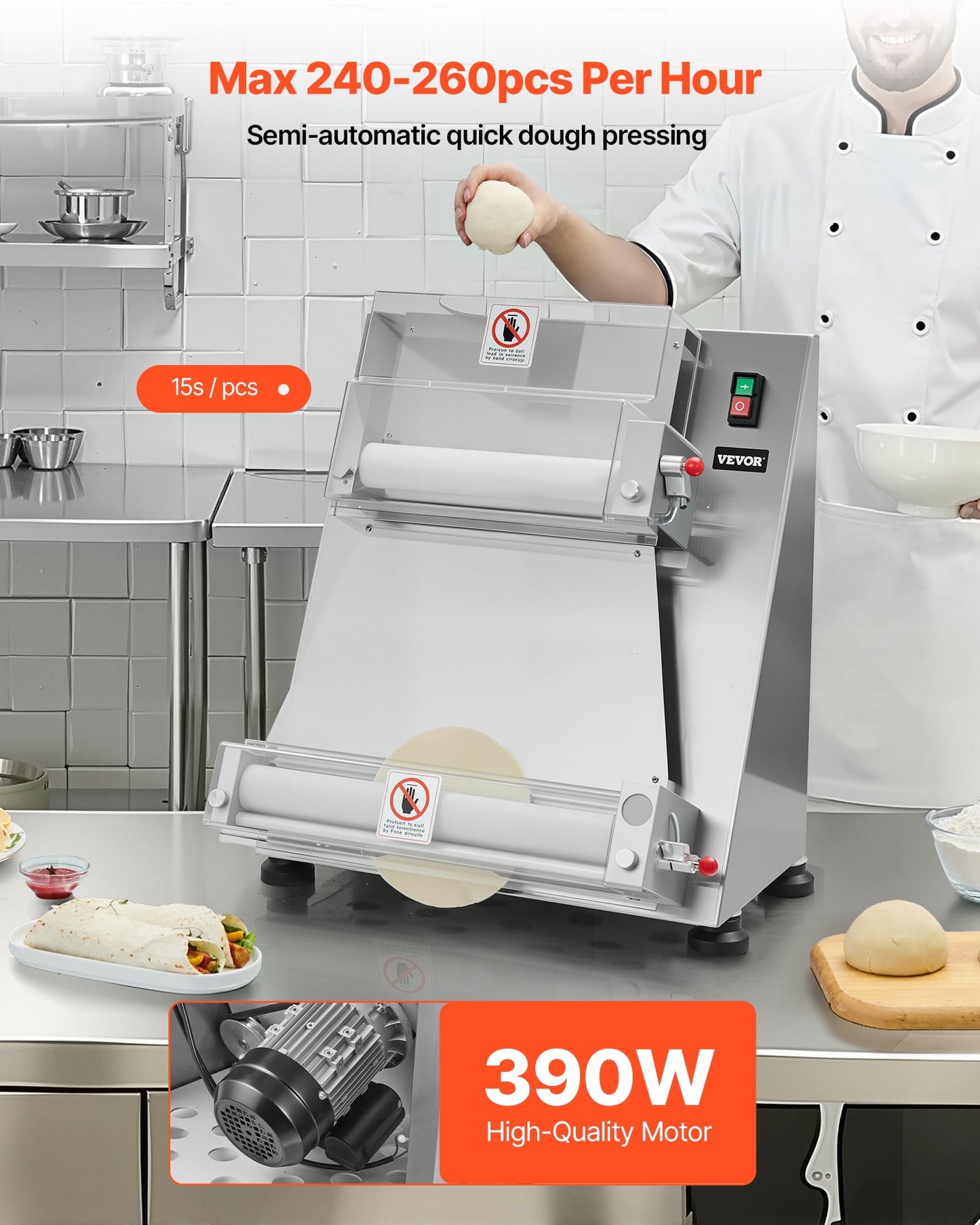 16 Inch Semi-Automatic Pizza Dough Roller Sheeter 390W Commercial Dough Press Machine for Bakery and Restaurant Use