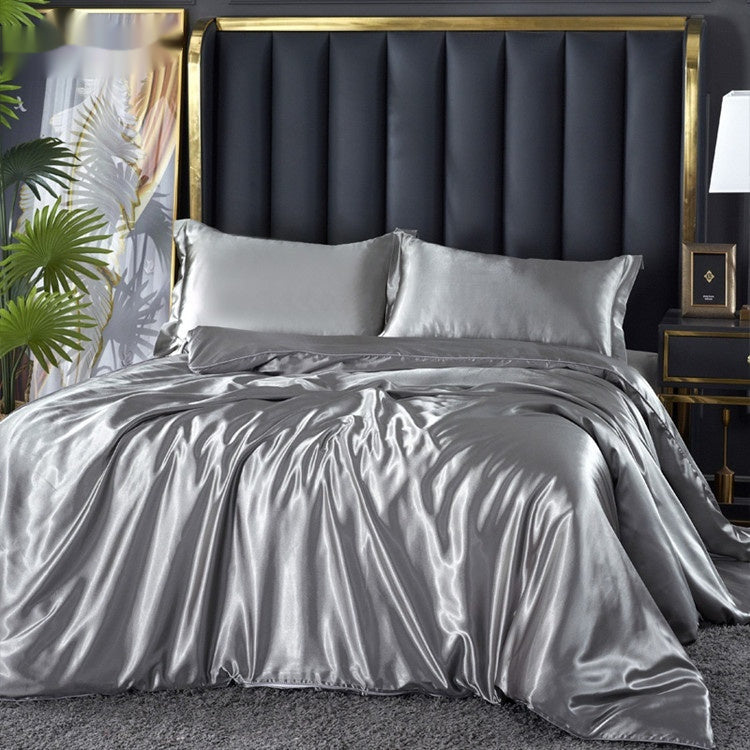 Artificial Silk Double Sided Satin Quilt Cover Bed Sheet 4 Piece Set Luxury Soft Bedding Set