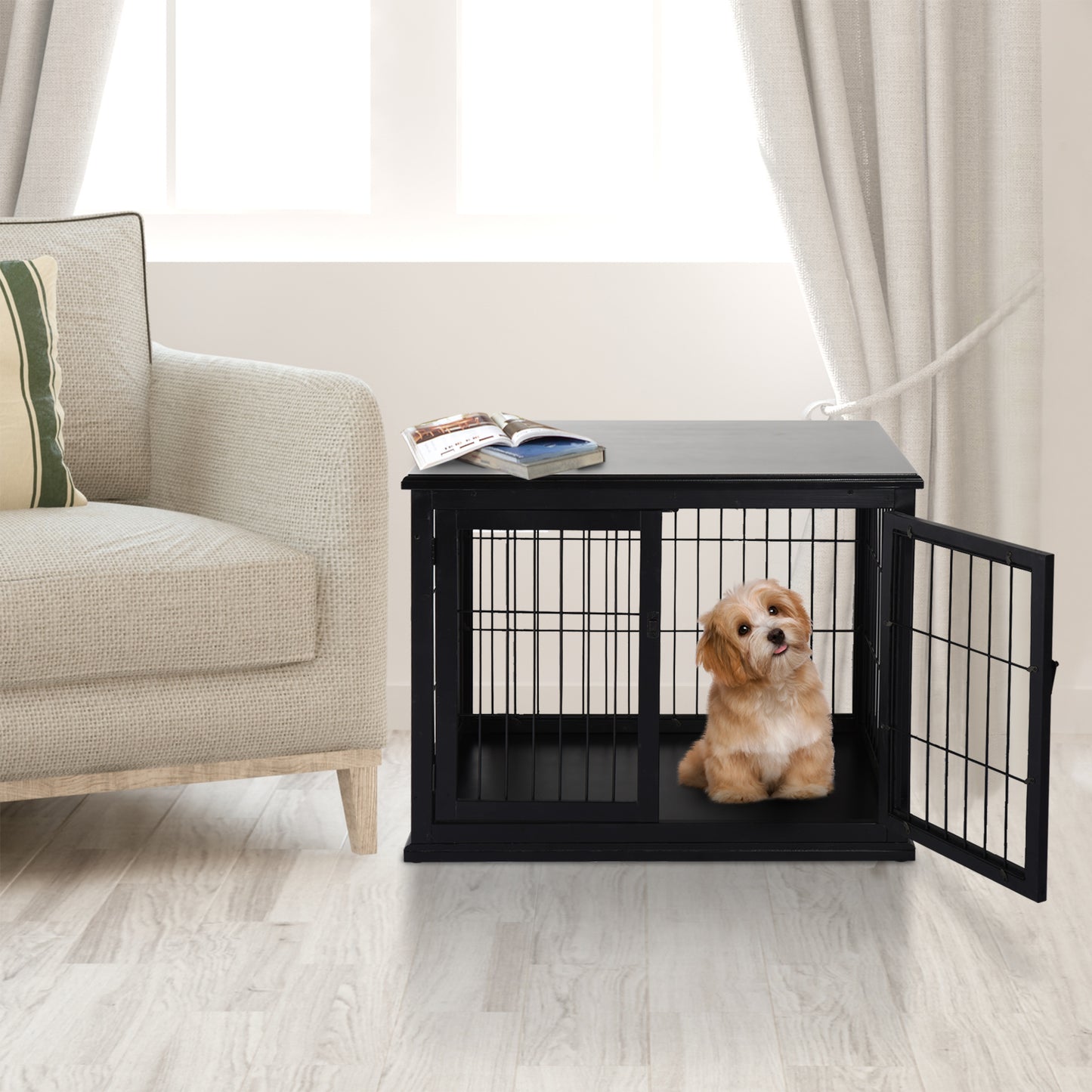 32 Inch Dog Crate Furniture Small Dog Cage End Table with 2 Doors Lockable Puppy Kennel Indoor Black