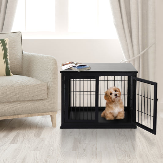 32 Inch Dog Crate Furniture Small Dog Cage End Table with 2 Doors Lockable Puppy Kennel Indoor Black