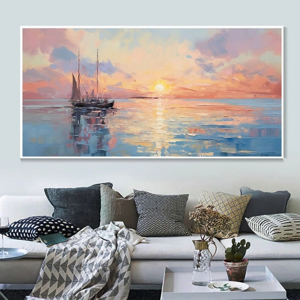 Handmade Abstract Sunrise Over Sea Oil Painting Canvas Wall Art Modern Living Room Home Decor Frameless