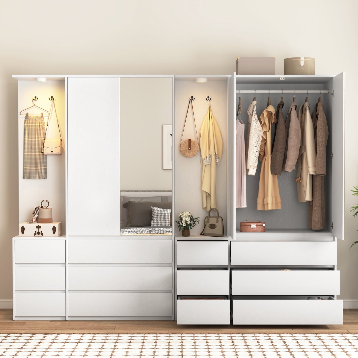 Modern White Wooden Wardrobe Closet 71.7” Bedroom Storage Cabinet 2 Doors 6 Drawers With Shelves & Hanging Rail