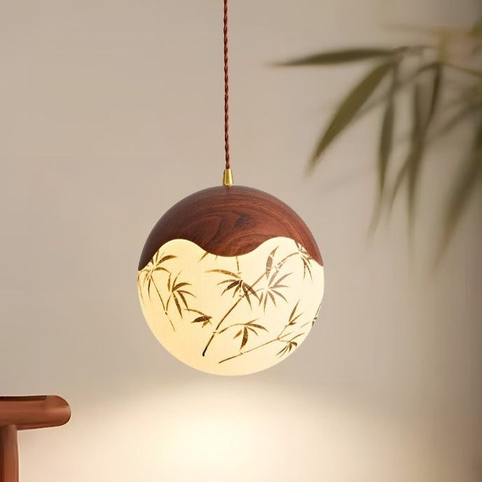 Mid-Century Modern Walnut Pendant Light – Round Globe with Printed Pattern