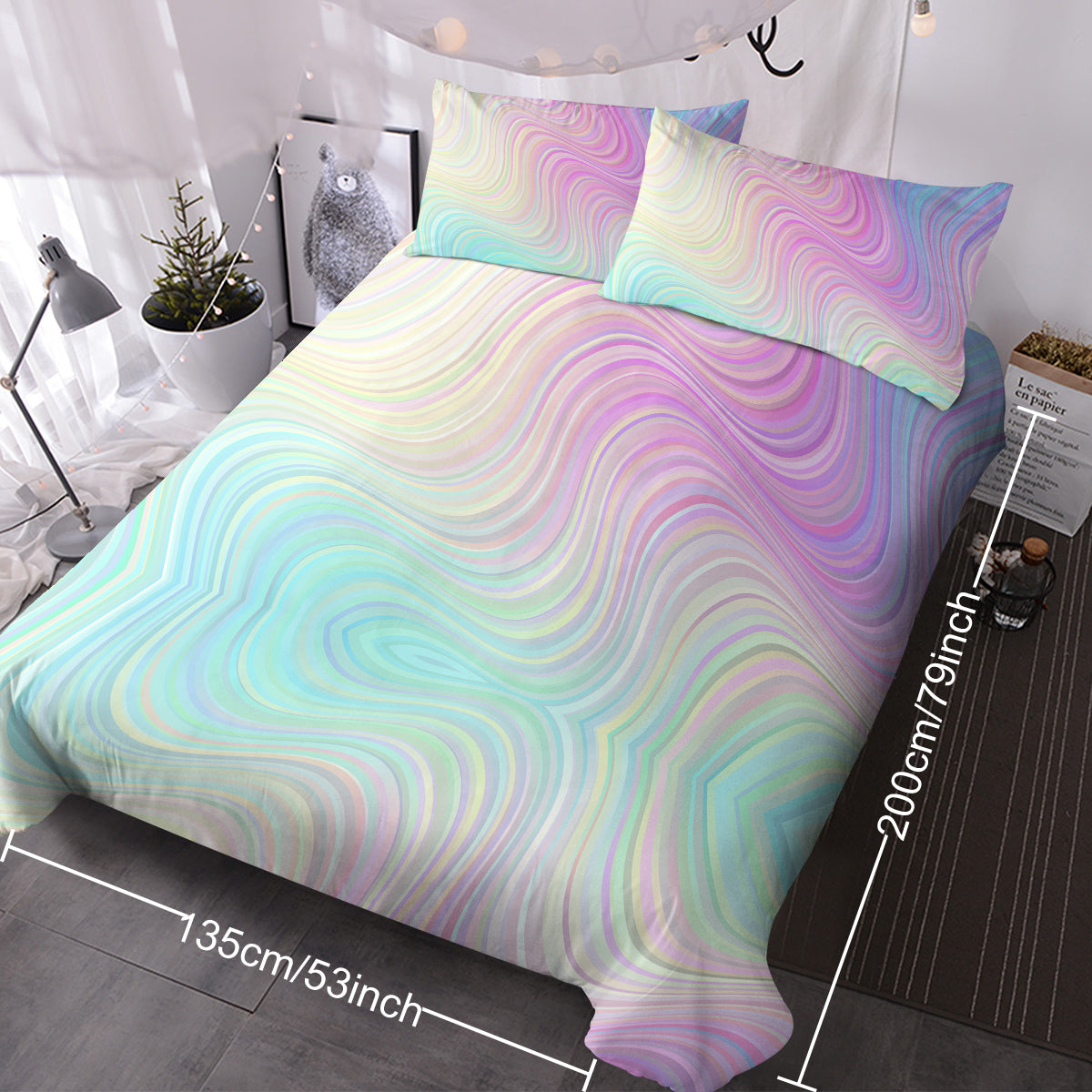 Girly Rainbow Glitter Ombre Duvet Cover Bedding Set 3 Pcs Chic Pastel Purple Blue Green Sparkle Quilt Cover Set with 2 Pillow Shams