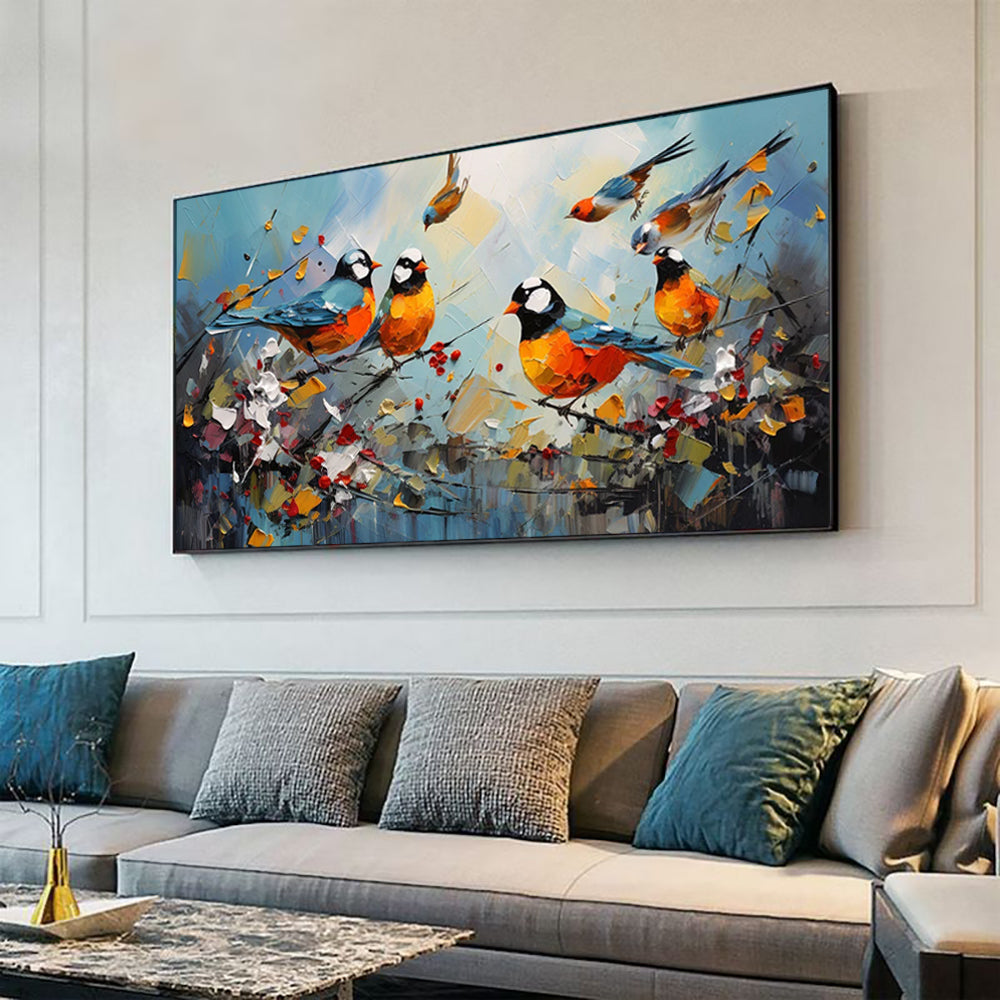 Hand Painted Kawaii Bird Oil Painting on Canvas Modern Abstract Magpie Wall Art for Living Room Home Decor