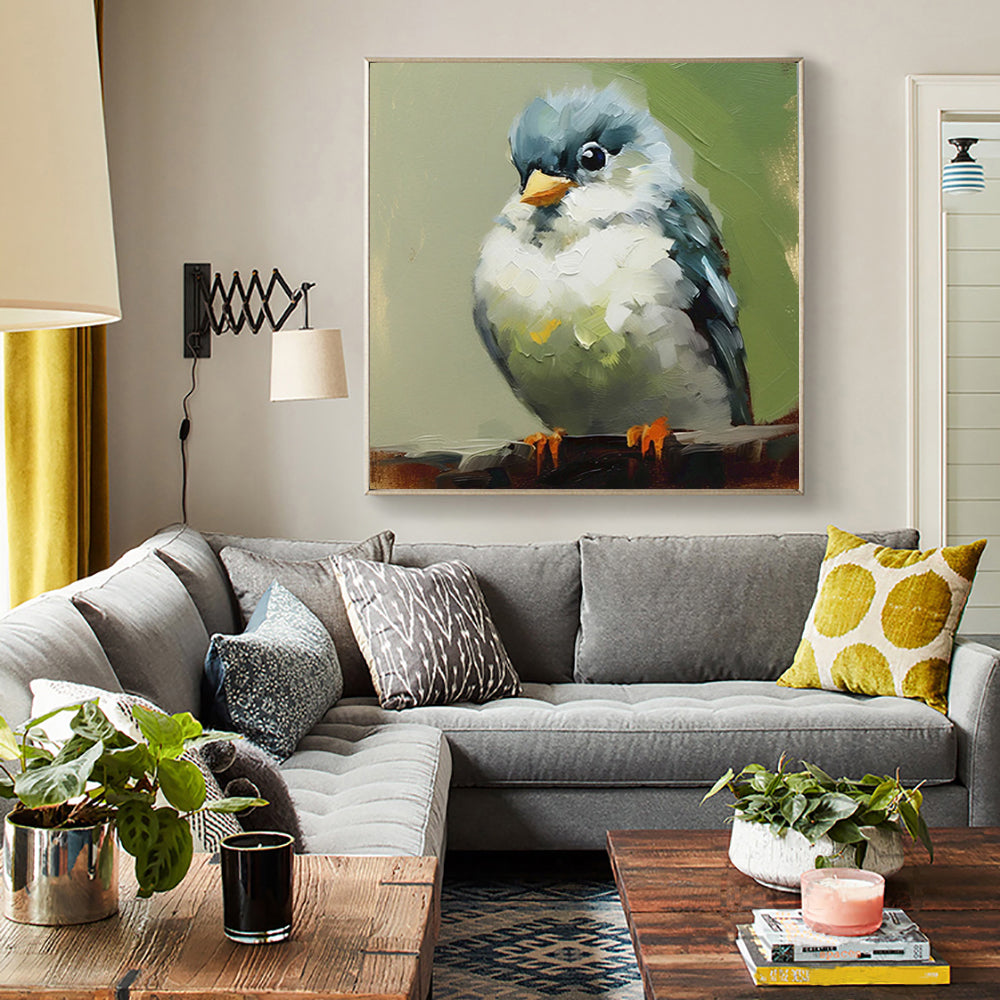 Hand Painted Kawaii Bird Oil Painting – Modern Animal Canvas Wall Art for Living Room & Kids Room Decor