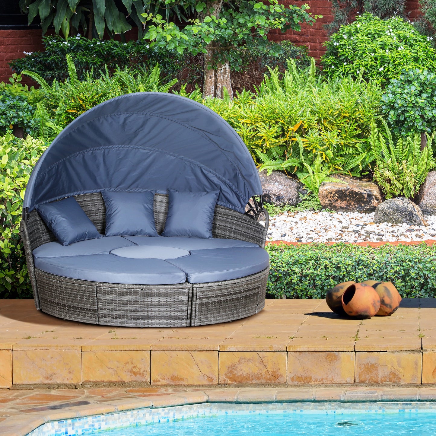 Outdoor PE Rattan Garden Furniture Set Round Daybed with Retractable Canopy Cushions & Coffee Table Grey Blue