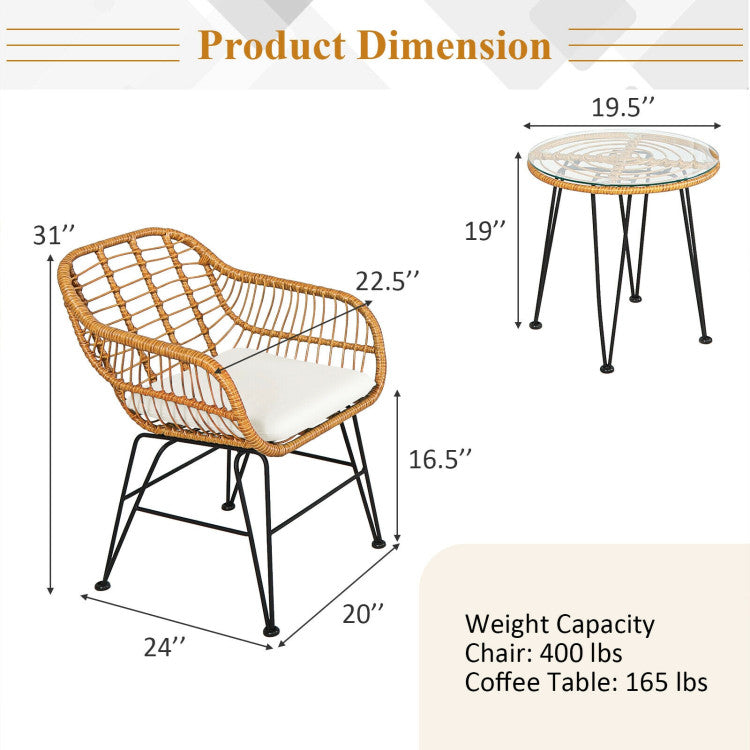3 Pieces Rattan Furniture Set Cushioned Chairs & Table Outdoor Patio Garden Sofa Seating Set