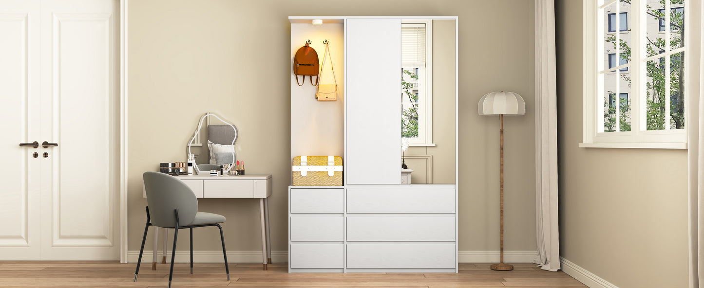 Modern White Wooden Wardrobe Closet 71.7” Bedroom Storage Cabinet 2 Doors 6 Drawers With Shelves & Hanging Rail