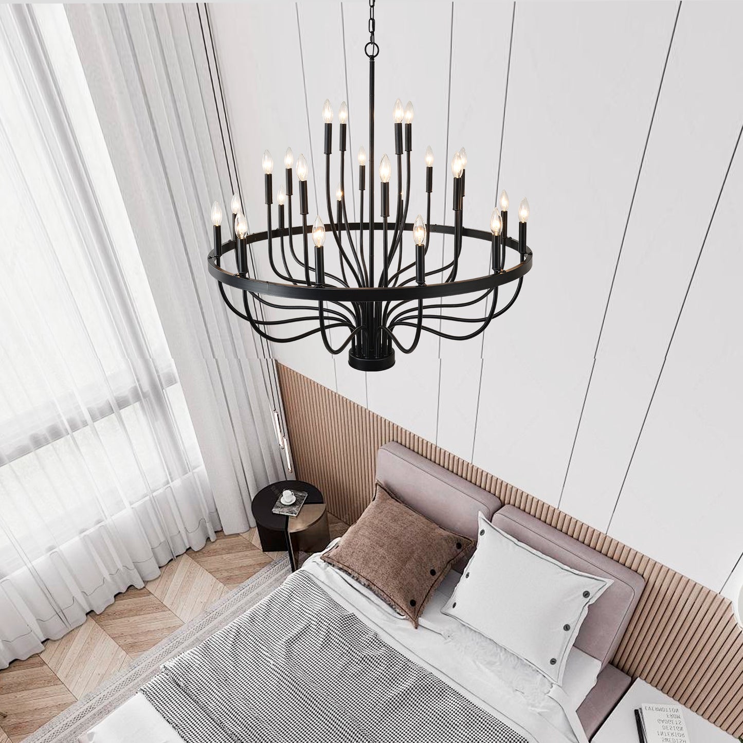 24-Light Black Industrial Candle Chandelier – Modern Farmhouse Iron Pendant Light for Dining Room, Living Room & Foyer (E12 Bulb)